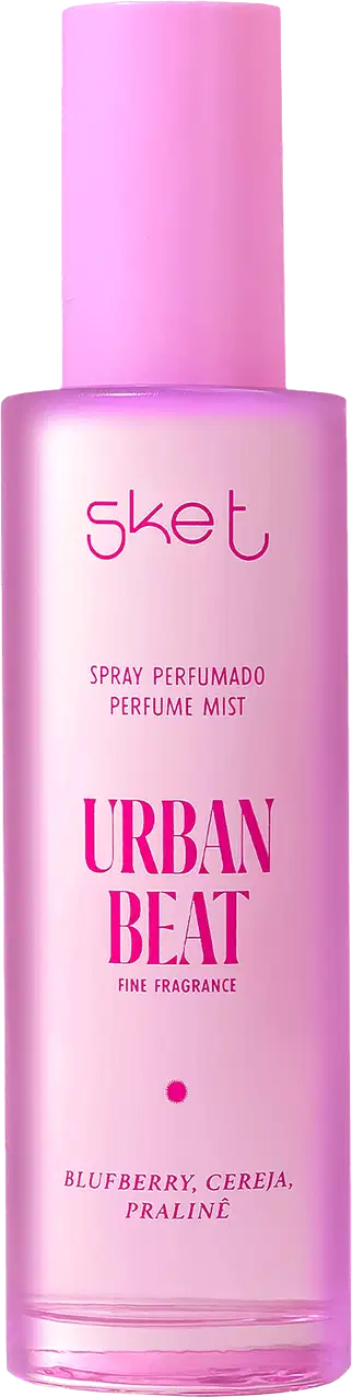 Spray perfume mist, com frasco em formato cilíndrico e cor rosa. No rótulo, está escrito "Urban Beat".