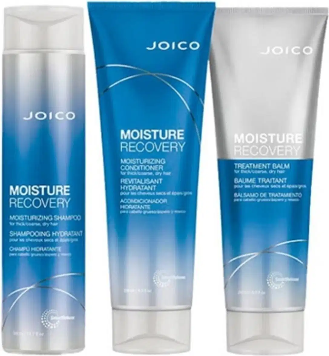 Conjunto de produtos Joico Moisture Recovery, incluindo shampoo hidratante, condicionador e bálsamo de tratamento, em embalagens de plástico com predominância de cores azul e branca.