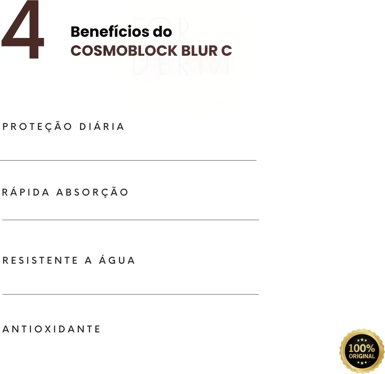 O produto apresentado é o Cosmoblock Blur C, um produto de beleza com 4 benefícios destacados: proteção diária, rápida absorção, resistência à água e propriedades antioxidantes.