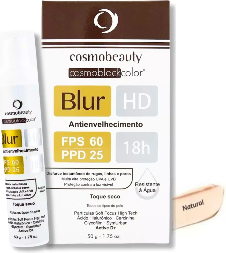 Bloqueador solar da marca Cosmobeauty, chamado Cosmoblockcolor Blur HD. O produto vem em um tubo branco com o nome "Blur" e informações sobre o FPS 60 e PPD 25.