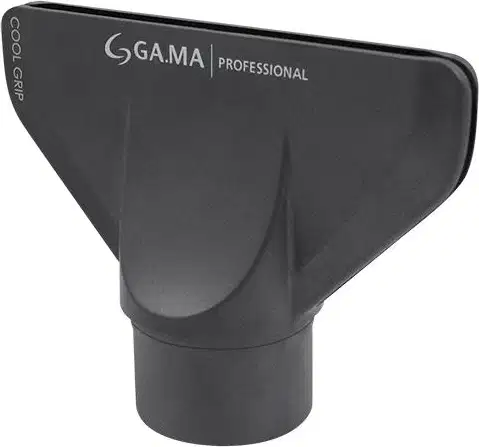 A imagem mostra o bico do secador de cabelo da marca GA.MA Italy. Peça plástica preta em formato de funil com abertura larga em uma extremidade e bico estreito na outra.