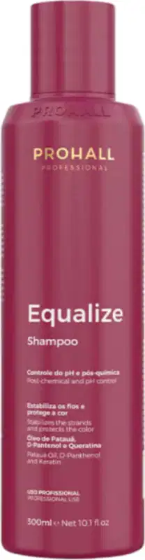 Shampoo da marca Prohall Cosmetic, chamado "Equalize". A embalagem é um frasco de plástico de cor rosa escuro, com o nome da marca e do produto claramente visíveis no rótulo. O frasco possui um formato cilíndrico e uma tampa na parte superior.