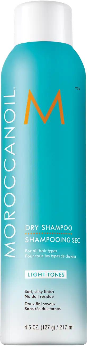 Frasco de shampoo seco Moroccanoil na cor azul-turquesa, com logotipo laranja e texto "Dry Shampoo" em destaque. Embalagem cilíndrica com tampa branca, indicando ser um produto para todos os tipos de cabelo.