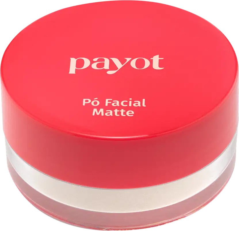 A imagem apresenta embalagem redonda compacta com tampa vermelha. A tampa superior exibe o logotipo "payot" em letras brancas. O rótulo na parte frontal indica "Pó Facial Matte" em texto branco sobre fundo vermelho.
