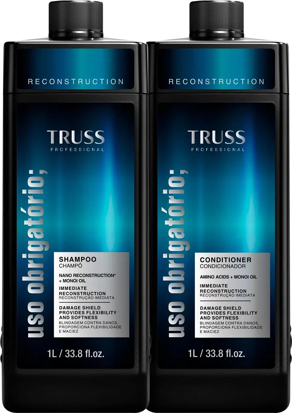 A imagem mostra dois frascos grandes de 1L de shampoo e condicionador TRUSS, frasco preto com azul.