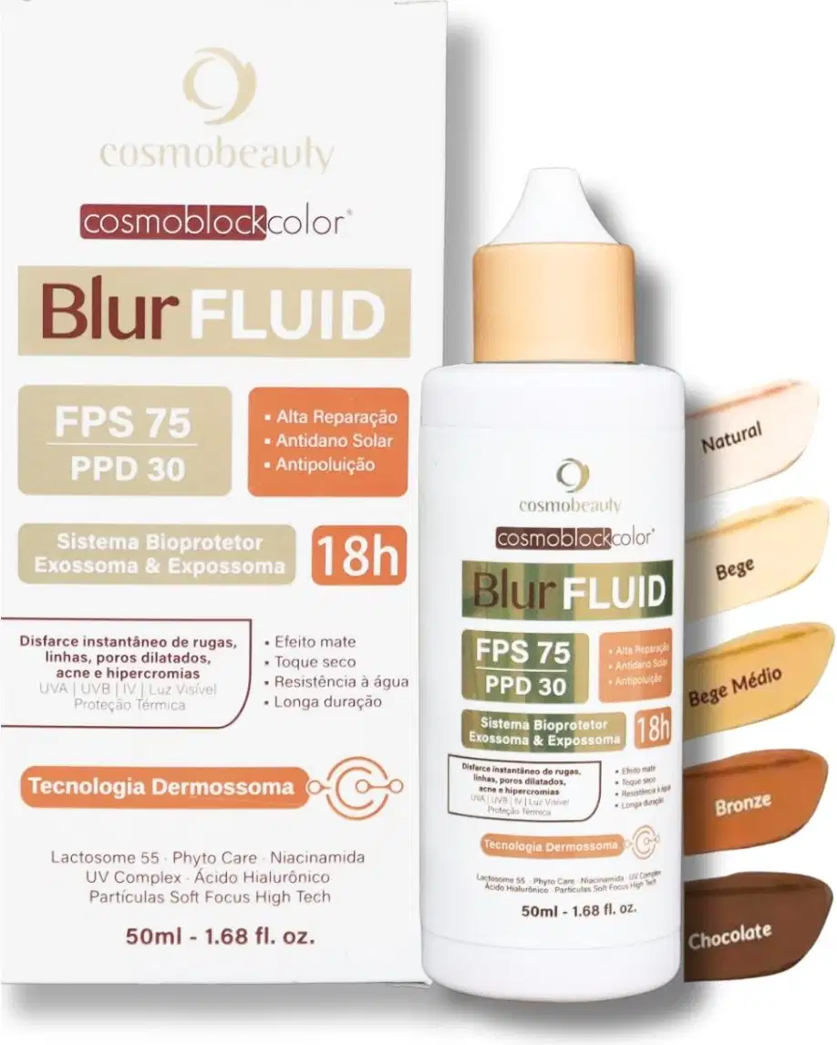 O produto apresentado é um filtro solar da marca Cosmobeauty, chamado Blur Fluid FPS 75. Trata-se de um produto com tecnologia Dermossoma, que protege com FPS 75 e ação antipoluição. O rótulo destaca que o produto é ativo premium e protege por 18 horas.