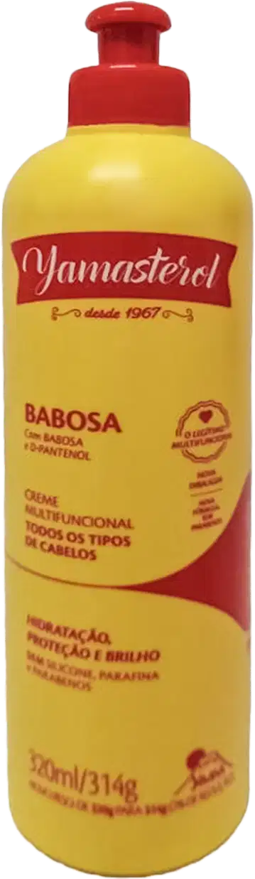 Frasco cilíndrico amarelo com tampa e detalhes em vermelho.
