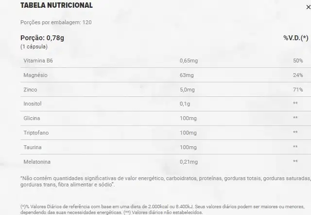 A imagem mostra a tabela nutricional do produto.
