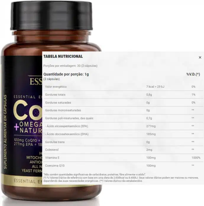 A imagem mostra o produto ao fundo e a tabela nutricional do produto.