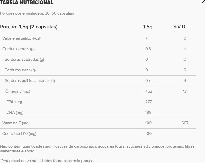 A imagem mostra a tabela nutricional do produto.