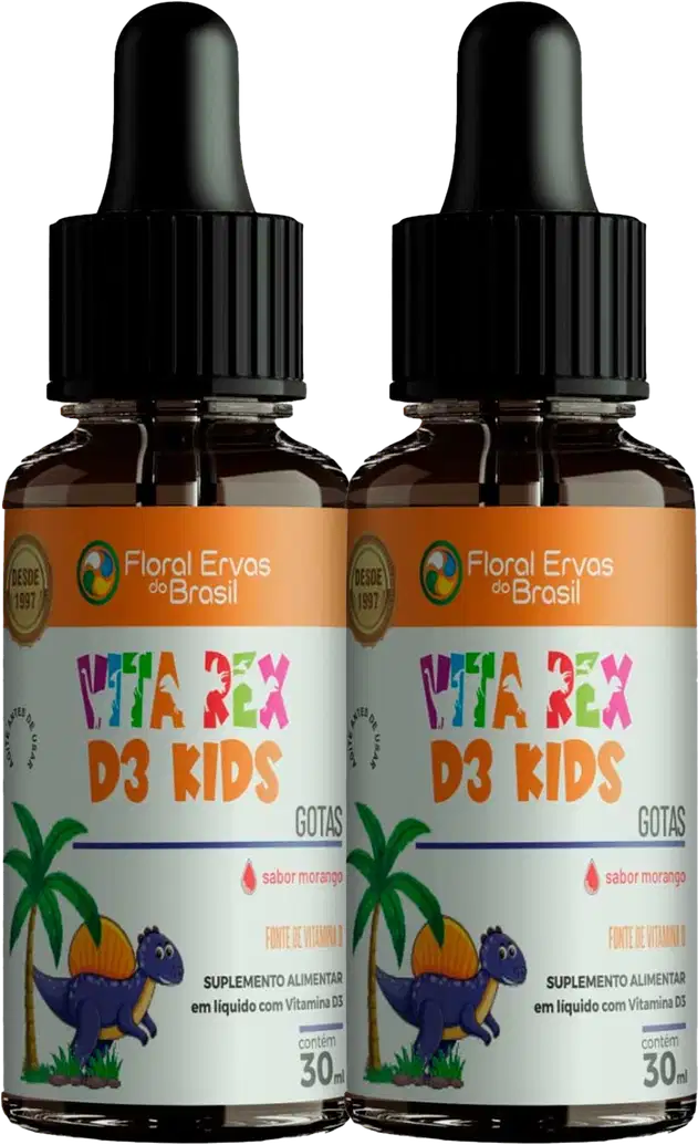 Dois frascos contendo um suplemento alimentar líquido para crianças chamado "Vita Rex D3 Kids" da marca Floral Ervas do Brasil. Os frascos têm contas-gotas pretas e rótulos coloridos com ilustrações de uma palmeira, um dinossauro roxo e frutas.