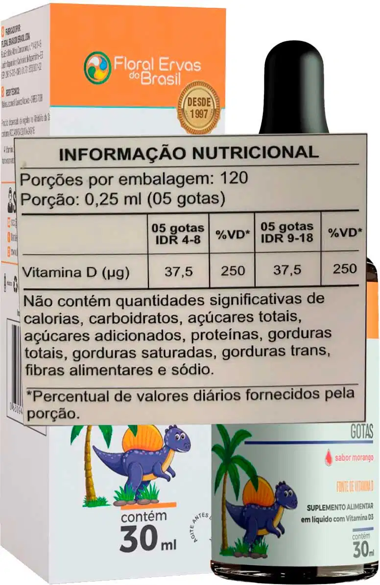 A caixa exibe o logotipo "Floral Ervas do Brasil" e informações nutricionais detalhadas, incluindo porções por embalagem, quantidade de vitamina D por porção e percentual de valores diários.