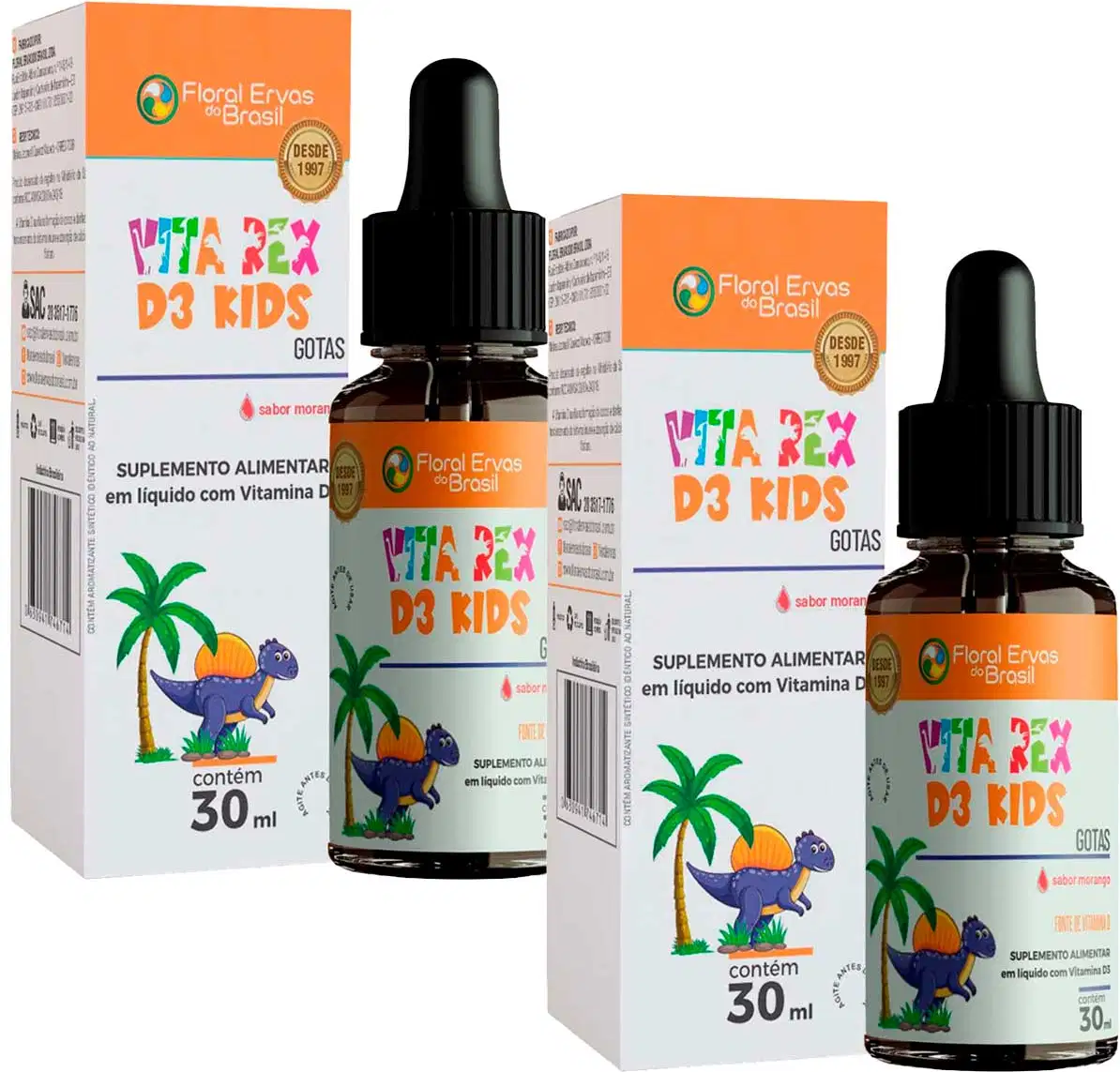 Suplemento alimentar líquido com vitamina D3 para crianças da marca Floral Ervas do Brasil. Embalagens retangulares laranja com o logotipo da empresa. Frascos de vidro âmbar de 30ml com conta-gotas preto.