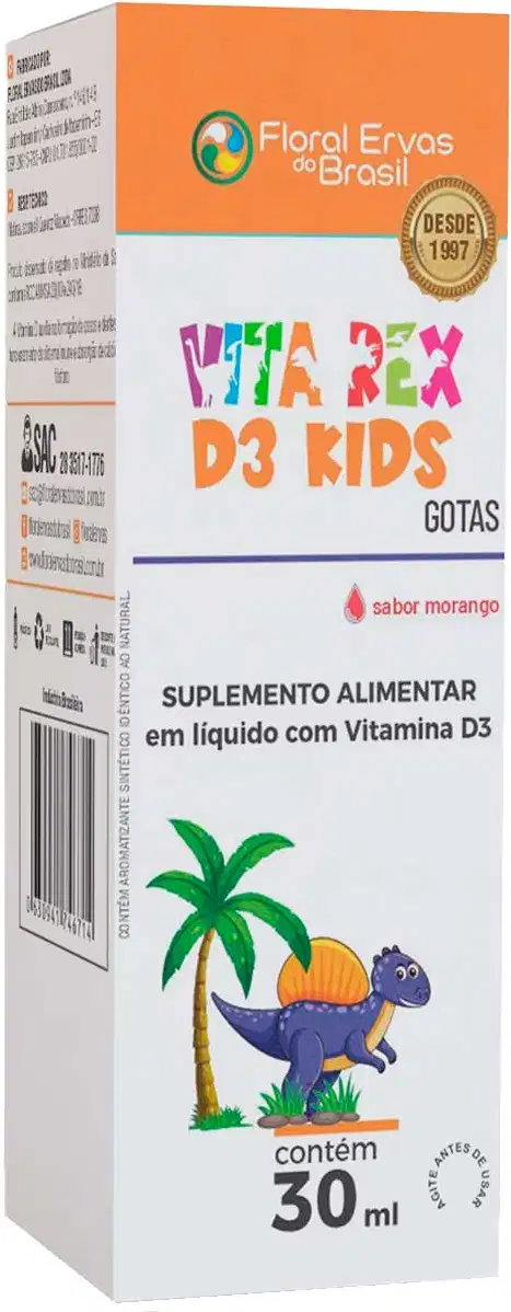 A embalagem é uma caixa retangular de cor laranja e branca. O nome do produto "Vita Rex D3 Kids Gotas" está escrito em letras coloridas e estilizadas. Apresenta uma ilustração de um dinossauro azul sorridente ao lado de uma palmeira e grama.