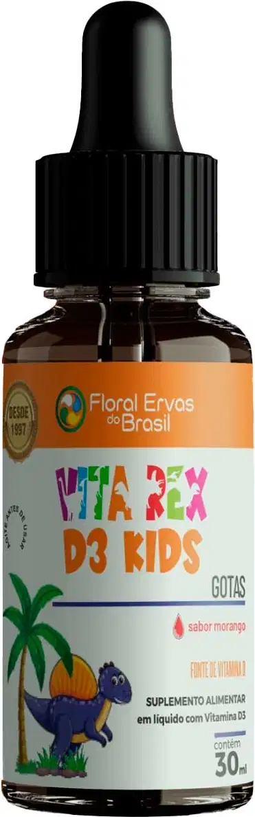 Rótulo laranja e branco com logotipo da marca Floral Ervas do Brasil. Imagem de um dinossauro azul e uma palmeira estilizada. Texto "Vita Rex D3 Kids Gotas" e "sabor morango". Informações sobre ser um suplemento alimentar líquido com vitamina D3 de 30ml.
