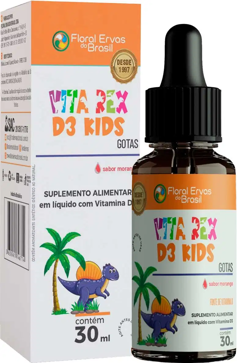 Embalagem composta por uma caixa retangular laranja e branca e um frasco com conta-gotas preto. A caixa e o frasco apresentam o nome do produto em letras coloridas e a ilustração de um dinossauro roxo em um cenário tropical com palmeiras e laranja.