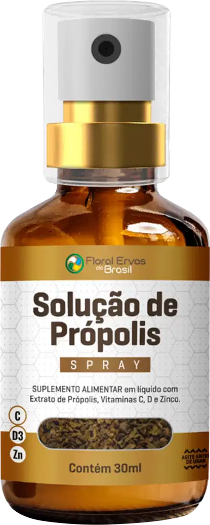 Solução de Própolis Spray da marca Floral Ervas do Brasil.  Rótulo branco com texto "Solução de Própolis Spray" e informações do produto como "Suplemento Alimentar em líquido com Extrato de Própolis, Vitaminas C, D e Zinco". Contém 30ml.