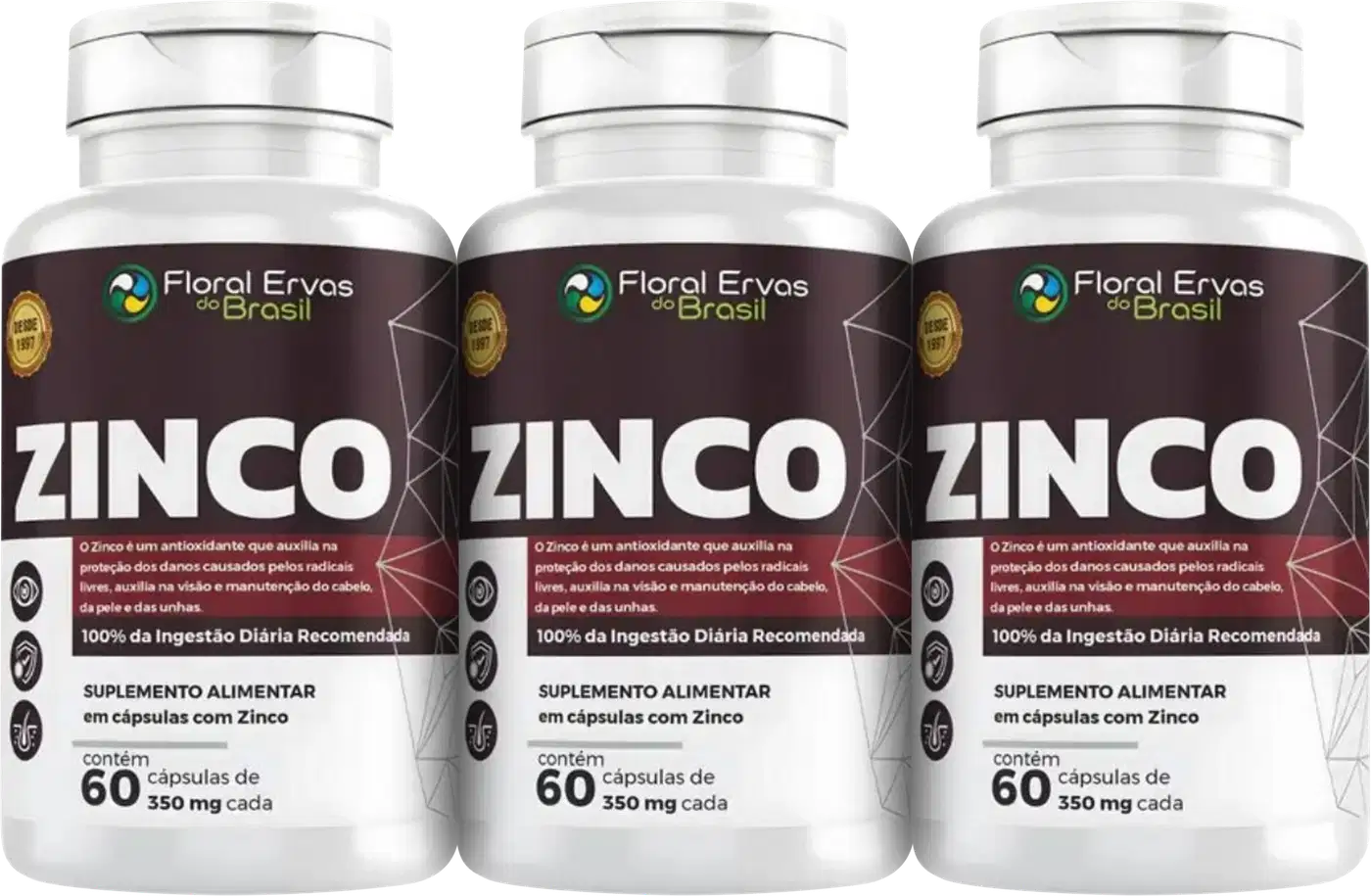 Três frascos de suplemento alimentar em cápsulas de zinco da marca Floral Ervas do Brasil. Rótulos marrons com o nome "ZINCO" e informações sobre o produto, como "100% da Ingestão Diária Recomendada", "60 cápsulas de 350mg cada"