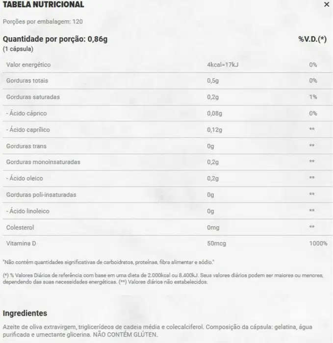 A imagem mostra a tabela nutricional do produto.