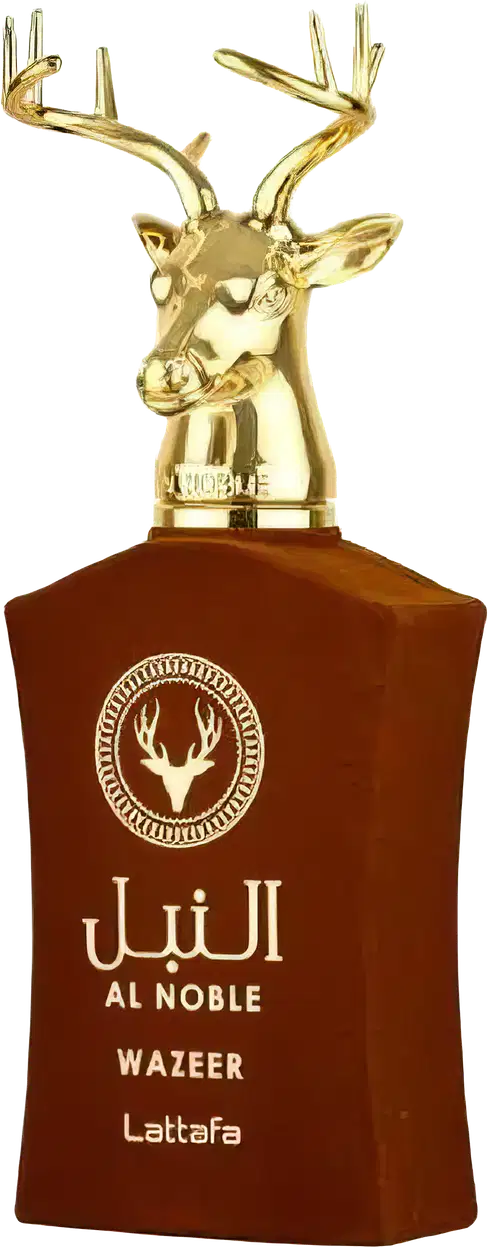 Frasco de perfume Lattafa Al Noble Wazeer com tampa dourada em formato de cabeça de cervo, embalagem marrom com logotipo e texto em árabe e inglês.