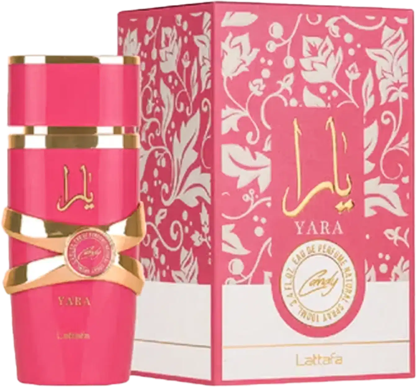 Frasco de perfume rosa da marca Lattafa Perfumes, com detalhes dourados na embalagem e rótulo com o nome "Yara". A caixa apresenta um padrão floral em tons de rosa.
