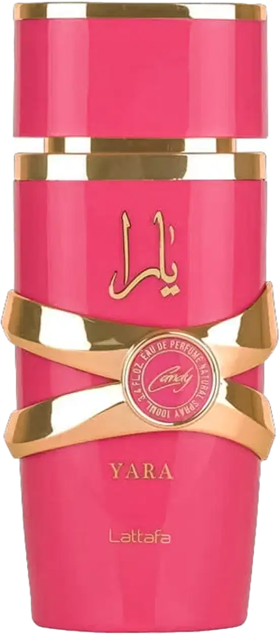 Frasco de perfume rosa da marca Lattafa Perfumes, com detalhes dourados na embalagem e rótulo com o nome "Yara". O produto possui uma tampa dourada e uma fita decorativa em tom dourado.