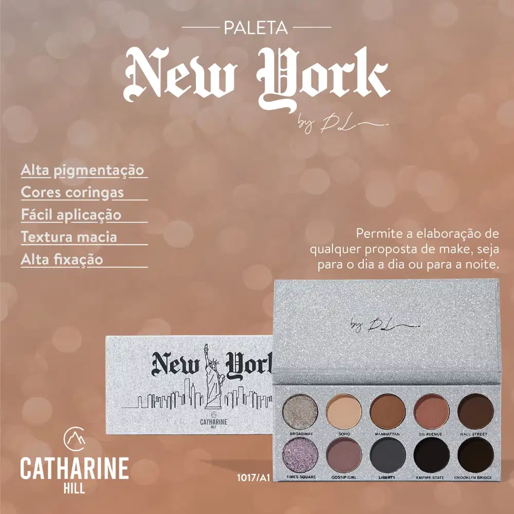 A imagem mostra a paleta de sombras aberta e fechada. Apresenta o logotipo e o nome "New York" e alguns benefícios da paleta listados em tom branco.