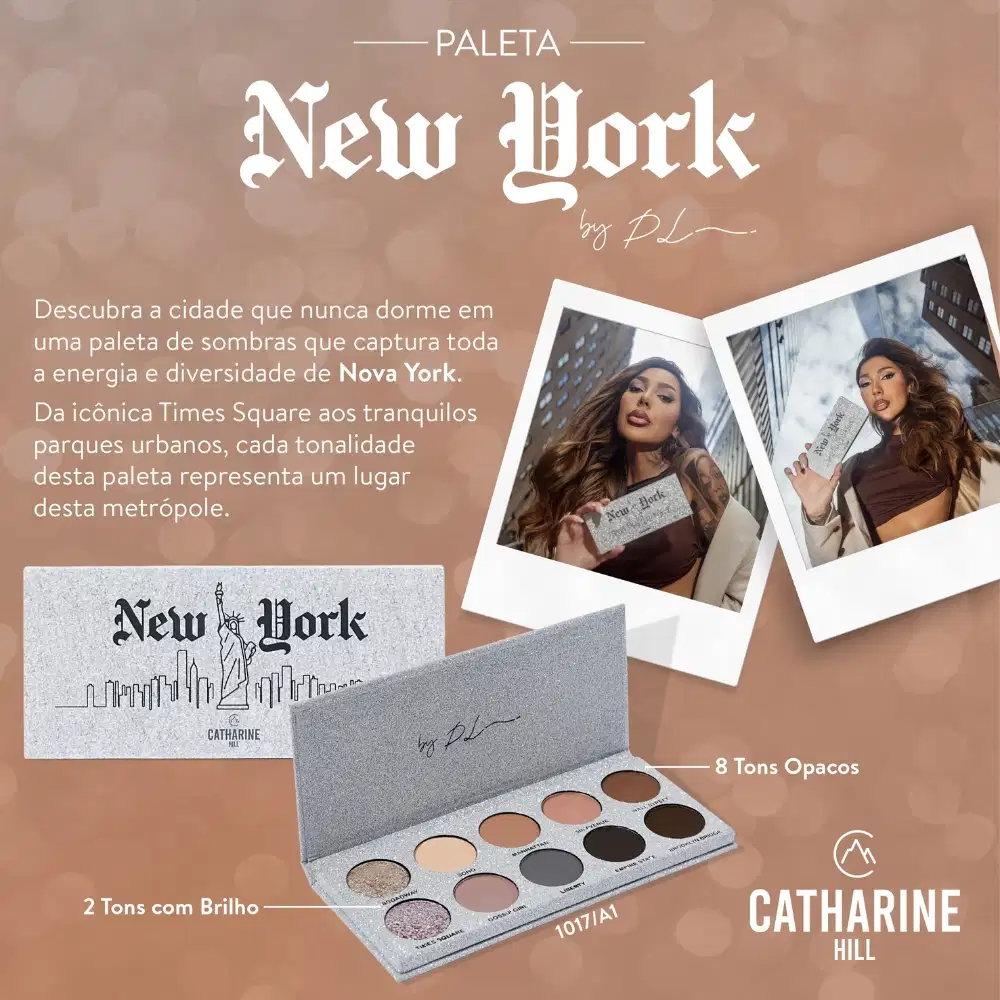 A imagem mostra a paleta de sombras, duas fotos com uma mulher segurando o produto. Ao fundo um descrição breve sobre o produto em letras brancas.