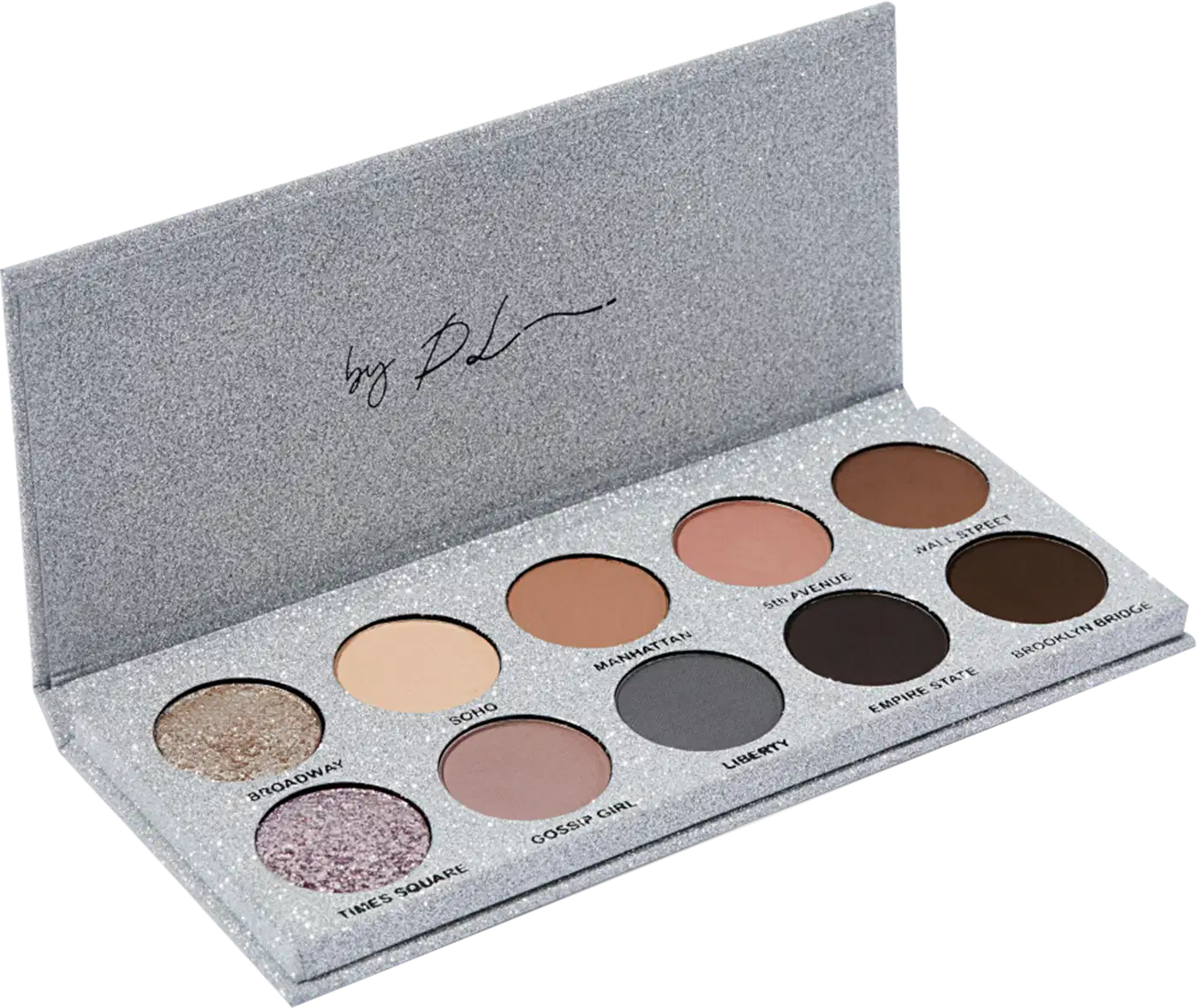 A imagem mostra a paleta de sombras de olhos da marca Ky Beauty. Embalagem retangular de papelão cinza brilhante. Contém 10 sombras prensadas em tons neutros variando do bege claro ao marrom escuro. Apresentação compacta e portátil.