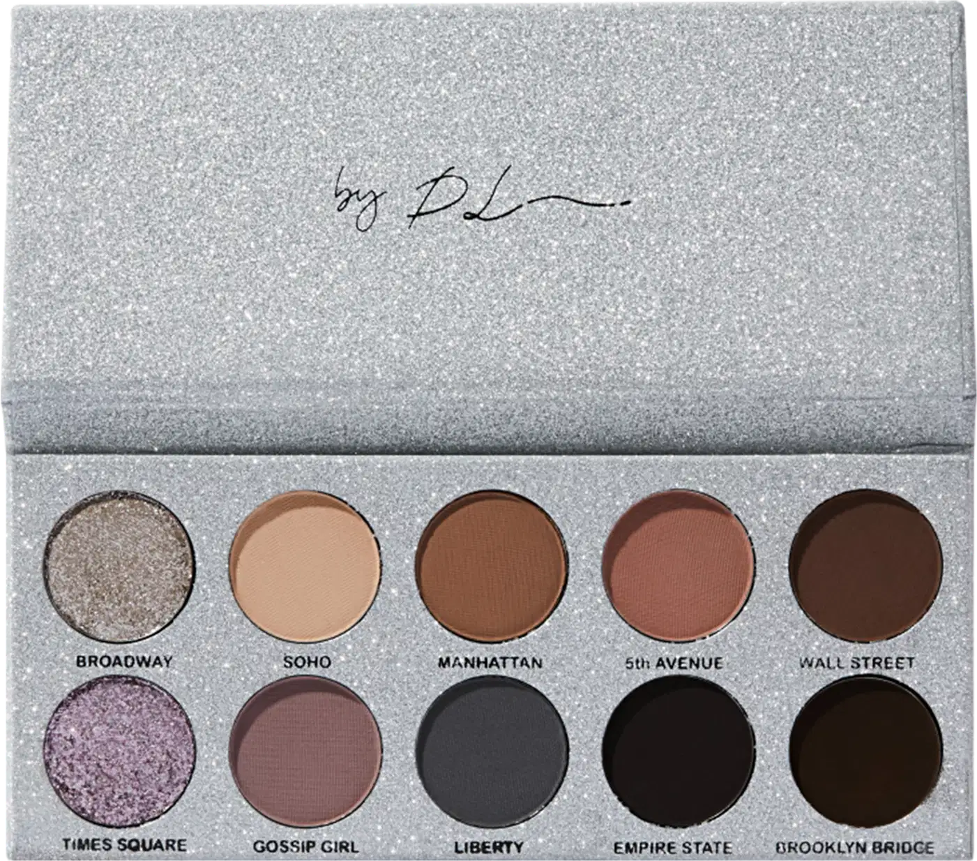 Paleta de sombras de olhos compacta com embalagem retangular de aparência glitter prateada. A caixa contém 10 sombras prensadas em tons neutros e profundos, variando do bege claro ao marrom escuro.