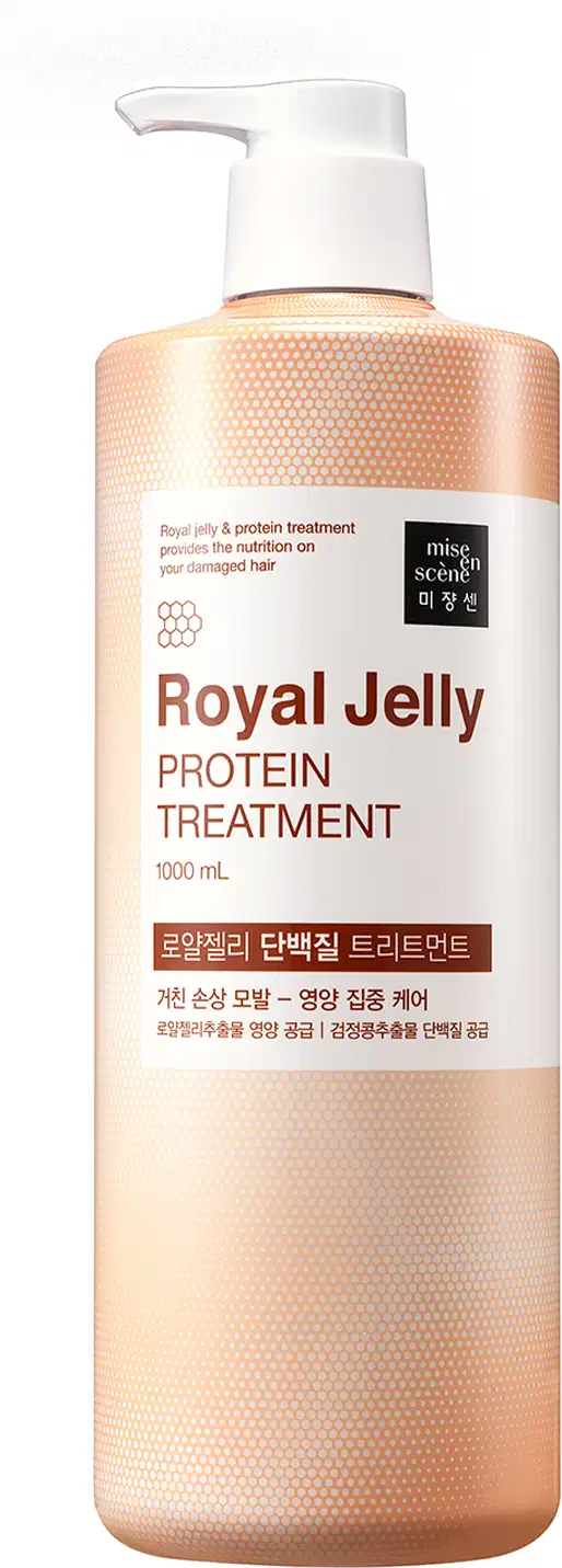 Máscara Capilar. A embalagem é um frasco plástico com uma bomba doseadora branca na parte superior.  O rótulo exibe o nome "Royal Jelly Protein Treatment" em inglês e coreano, além de informações sobre o volume do produto, que é de 1 litro.