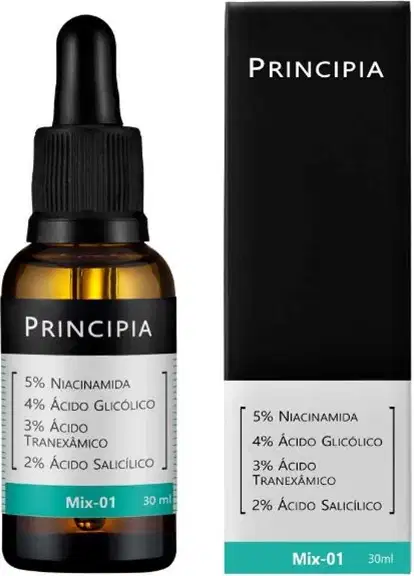 Sérum facial Principia Mix-01 (30ml), formulado com 5% de Niacinamida, 4% de Ácido Glicólico, 3% de Ácido Tranexâmico e 2% de Ácido Salicílico. Combate acne, oleosidade, textura irregular e hiperpigmentação.