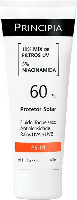 Protetor Solar FPS 60 Principia PS-01 (40ml). Fórmula fluida com toque seco e efeito antioleosidade. Protege a pele contra os raios UVA e UVB, com adição de Niacinamida.