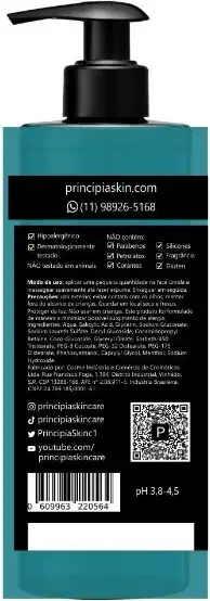 Gel de limpeza facial Principia em embalagem plástica transparente de cor verde escura. A embalagem possui bomba dosadora preta. Rótulo com o nome da marca "Principia" em letras brancas e informações sobre a composição.