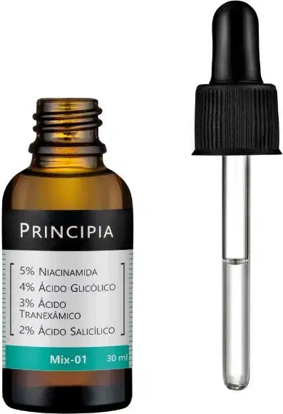Sérum facial Principia Mix-01 (30ml), formulado com 5% de Niacinamida, 4% de Ácido Glicólico, 3% de Ácido Tranexâmico e 2% de Ácido Salicílico. Combate acne, oleosidade, textura irregular e hiperpigmentação.