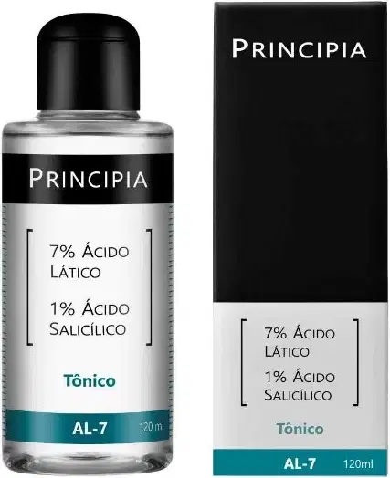 Produto tônico da marca Principia. Frasco plástico transparente com tampa preta. Rótulo branco com texto preto indicando "7% Ácido Lático, 1% Ácido Salicílico". Parte inferior do rótulo em azul com a inscrição "Tônico AL-7" e o volume de 120ml.
