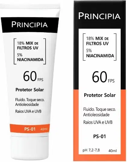 Protetor Solar FPS 60 Principia PS-01 (40ml). Fórmula fluida com toque seco e efeito antioleosidade. Protege a pele contra os raios UVA e UVB, com adição de Niacinamida.
