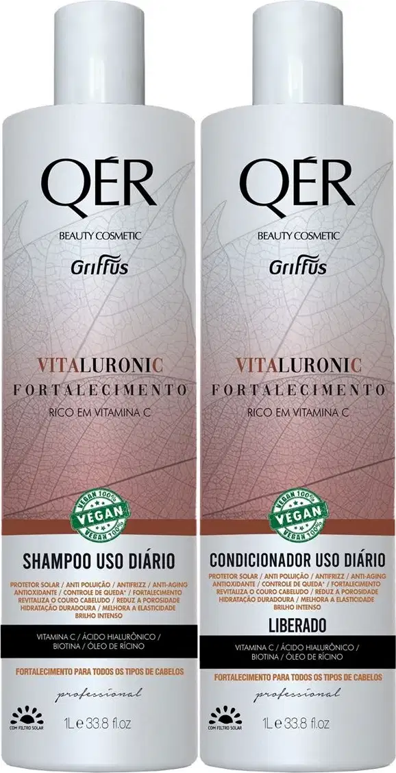 Kit com shampoo e condicionador QÉR Vitaluronic da marca Griffus.