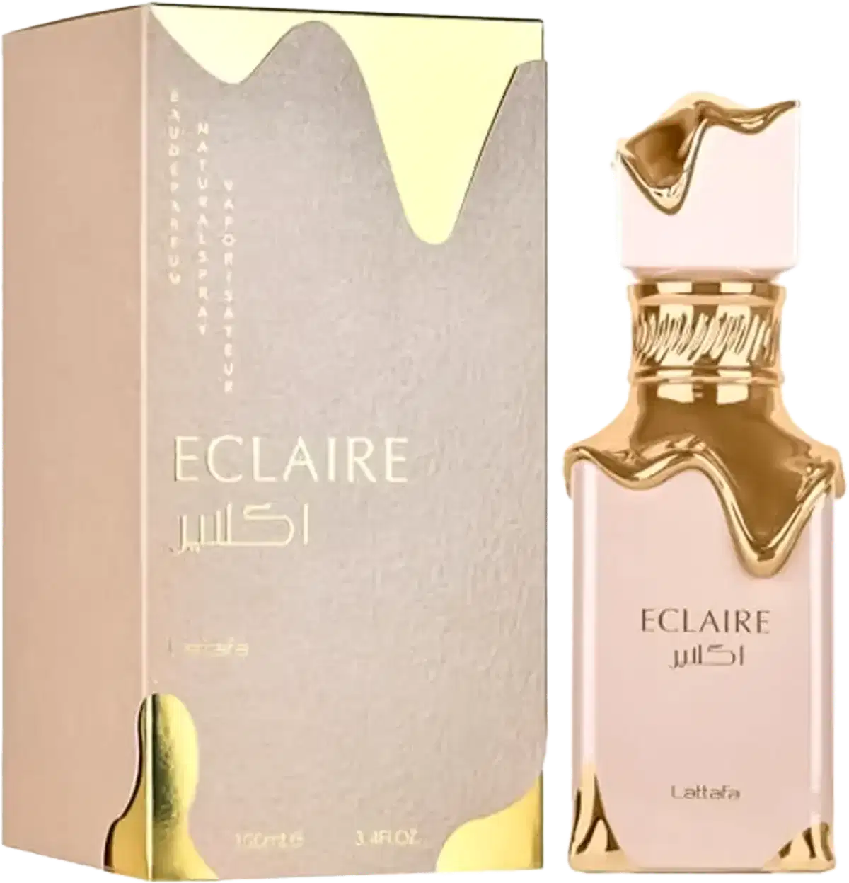Frasco de perfume dourado da marca Lattafa Perfumes, chamado "Eclaire", em embalagem de caixa cinza com detalhes dourados. O frasco possui um design elegante e sofisticado.