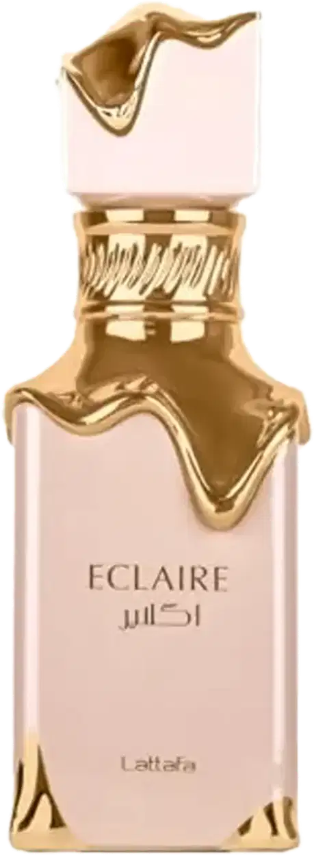 Frasco de perfume Eclaire da marca Lattafa, com embalagem em tons de rosa e dourado, apresentando um design elegante e sofisticado.