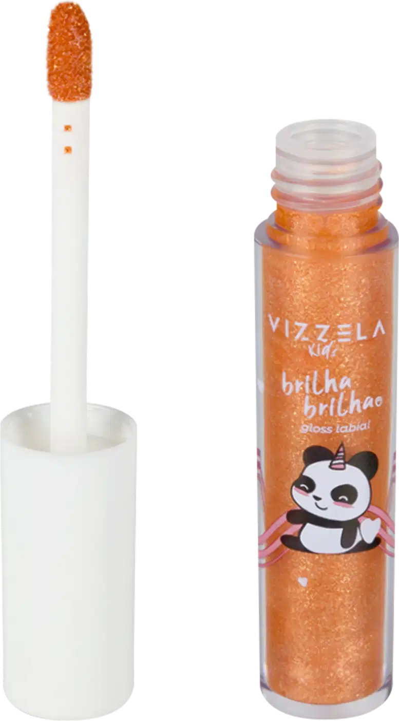 O produto é um brilho labial da marca Vizzela Kids. Consiste em um frasco plástico transparente com tampa branca, contendo um produto brilhante de cor laranja. O frasco tem um rótulo com o logotipo da marca.