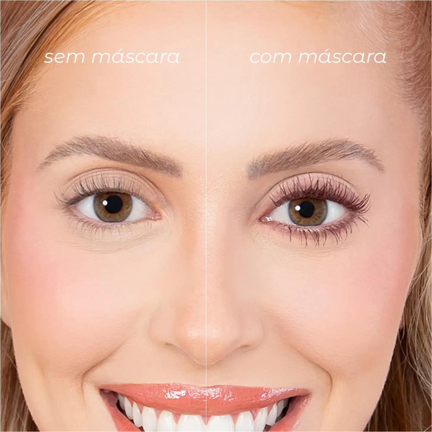 Esta imagem compara os olhos de uma mulher com e sem o uso de máscara para cílios. No lado esquerdo, vemos os cílios naturais, que parecem mais finos e curtos. No lado direito, após a aplicação da máscara, os cílios aparecem muito mais volumosos.