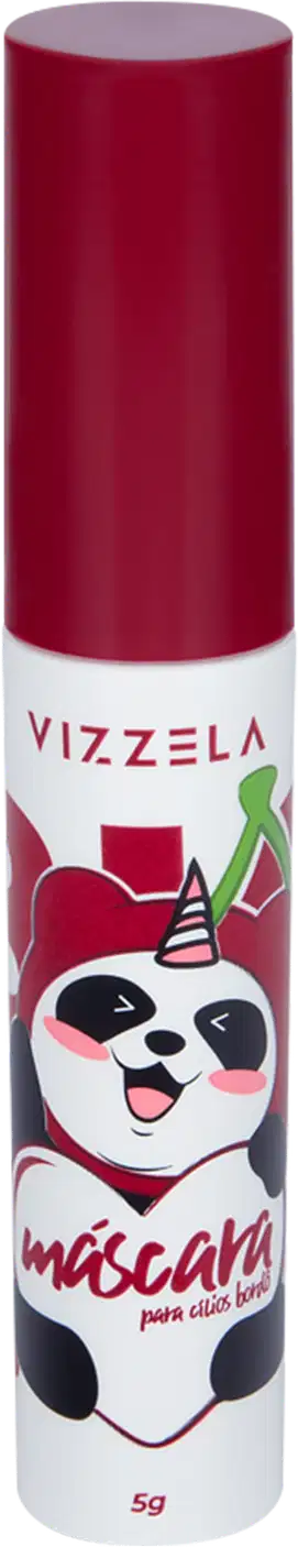 Máscara para cílios em embalagem cilíndrica vermelha com tampa vermelha. A embalagem apresenta o logotipo da marca Vizzela e a imagem de um panda estilizado. O peso líquido de 5g também está indicado na embalagem.