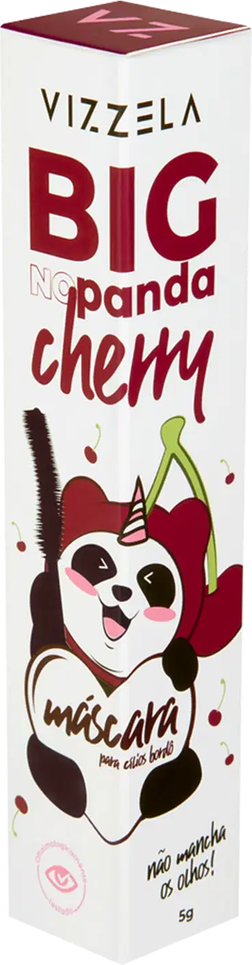 Produto de maquiagem facial em embalagem retangular. A caixa é branca com detalhes em vermelho e rosa. Apresenta a marca "Vizzela" e o nome do produto "Big No Panda Cherry Máscara" em letras grandes.