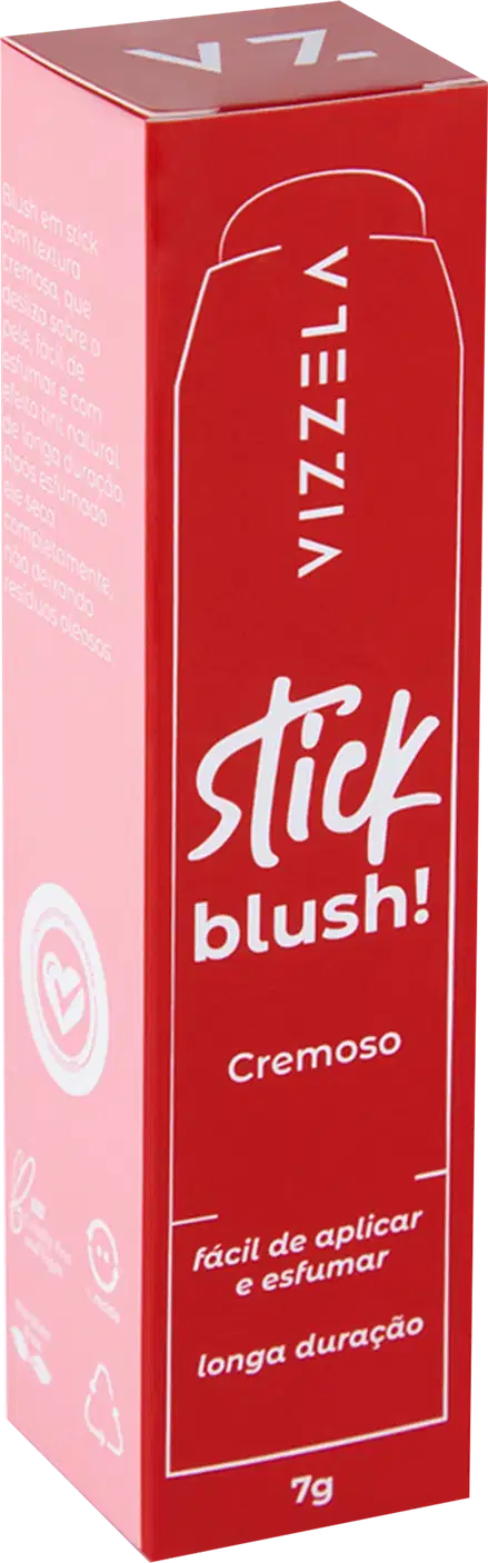 Stick blush cremoso da marca Vizzela. Embalagem retangular em tons de vermelho e rosa. Rótulo com o nome do produto "Stick blush!" em letras brancas e detalhes como "Cremoso, fácil de aplicar e estumar, longa duração".
