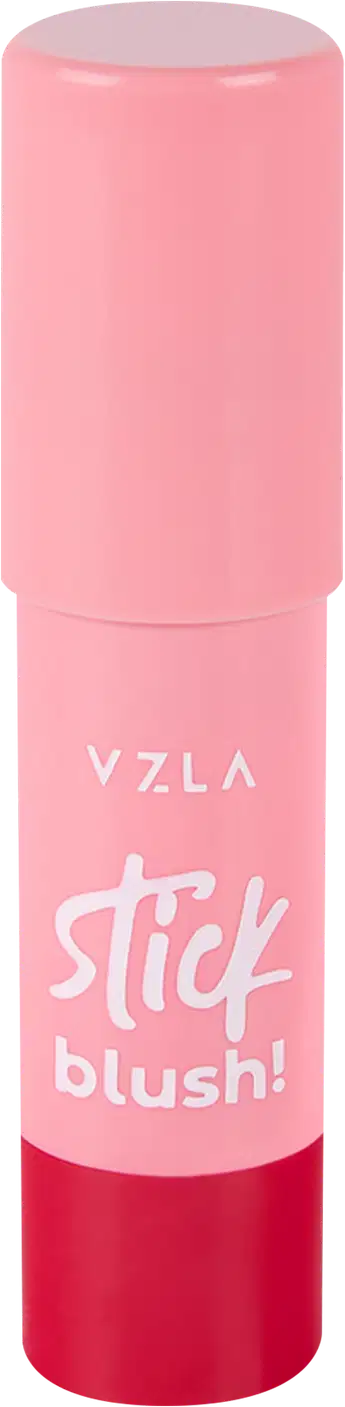 Stick blush da marca Vzla. Embalagem cilíndrica de plástico em duas cores - rosa claro na parte superior e vermelho na parte inferior. Rótulo branco com o texto "Stick blush!" impresso na parte rosa superior.