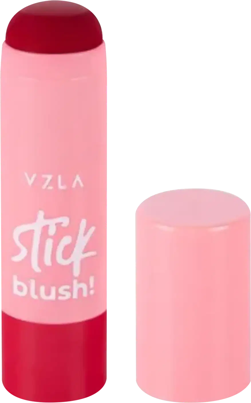 Stick blush da marca Vizzela Cosméticos. Embalagem em formato de bastão, na cor rosa claro. O bastão tem o nome da marca "Vzla" e o produto "Stick blush" escritos em letras brancas.