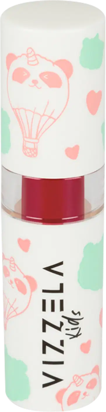 Batom em formato de bastão com embalagem plástica branca. A parte superior do batom é na cor vermelho vibrante. A embalagem apresenta o logotipo "Vizzela" em letras pretas e detalhes decorativos em rosa e verde menta.