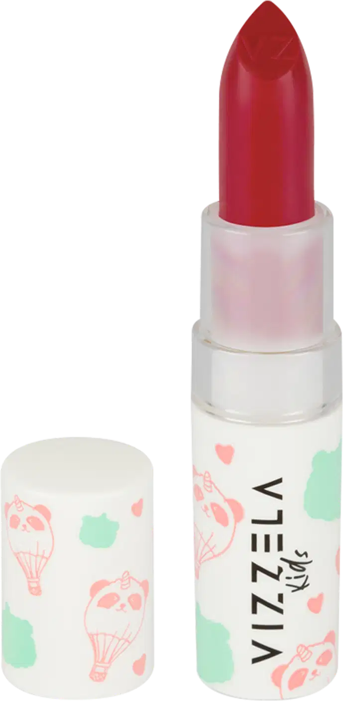 Batom em formato de bastão com embalagem plástica branca. A parte superior do batom é na cor vermelho vibrante. A embalagem apresenta o logotipo "Vizzela" em letras pretas e detalhes decorativos em rosa e verde menta.