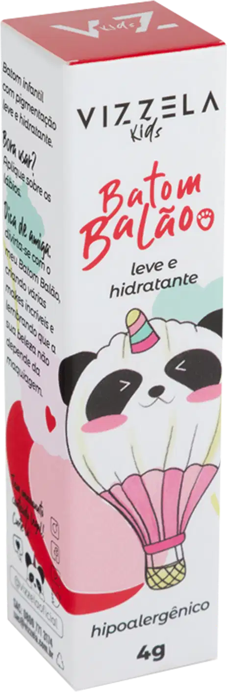 Batom Batão da linha Vizzela Kids. Embalagem retangular branca com detalhes em rosa. Ilustração de um panda em um balão de ar quente rosa e amarelo. Peso de 4g indicado.